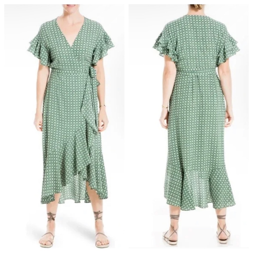 Max Studio Women’s NWT Green Patterned Ruffle Wrap Belted Midi High Low Dress XS